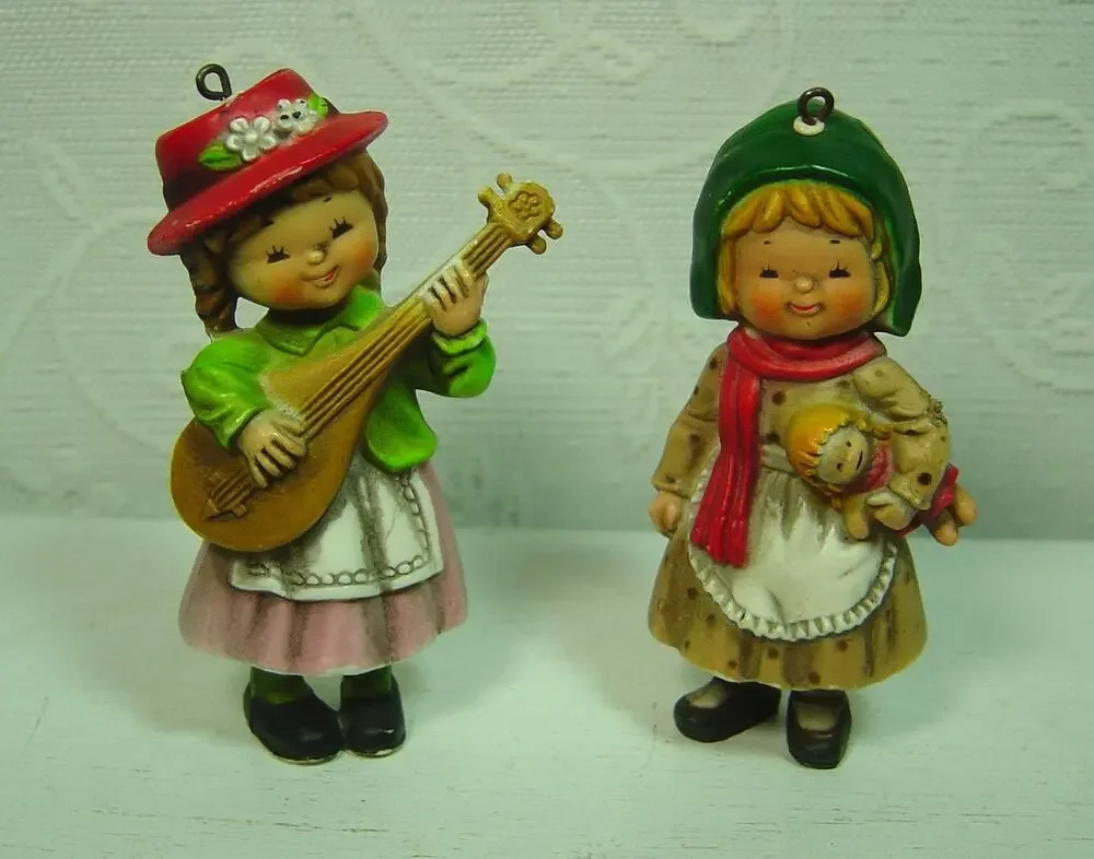 2 VINTAGE LITTLE GIRL ORNAMENTS WITH DOLL & MANDOLIN-MADE IN HONG KONG